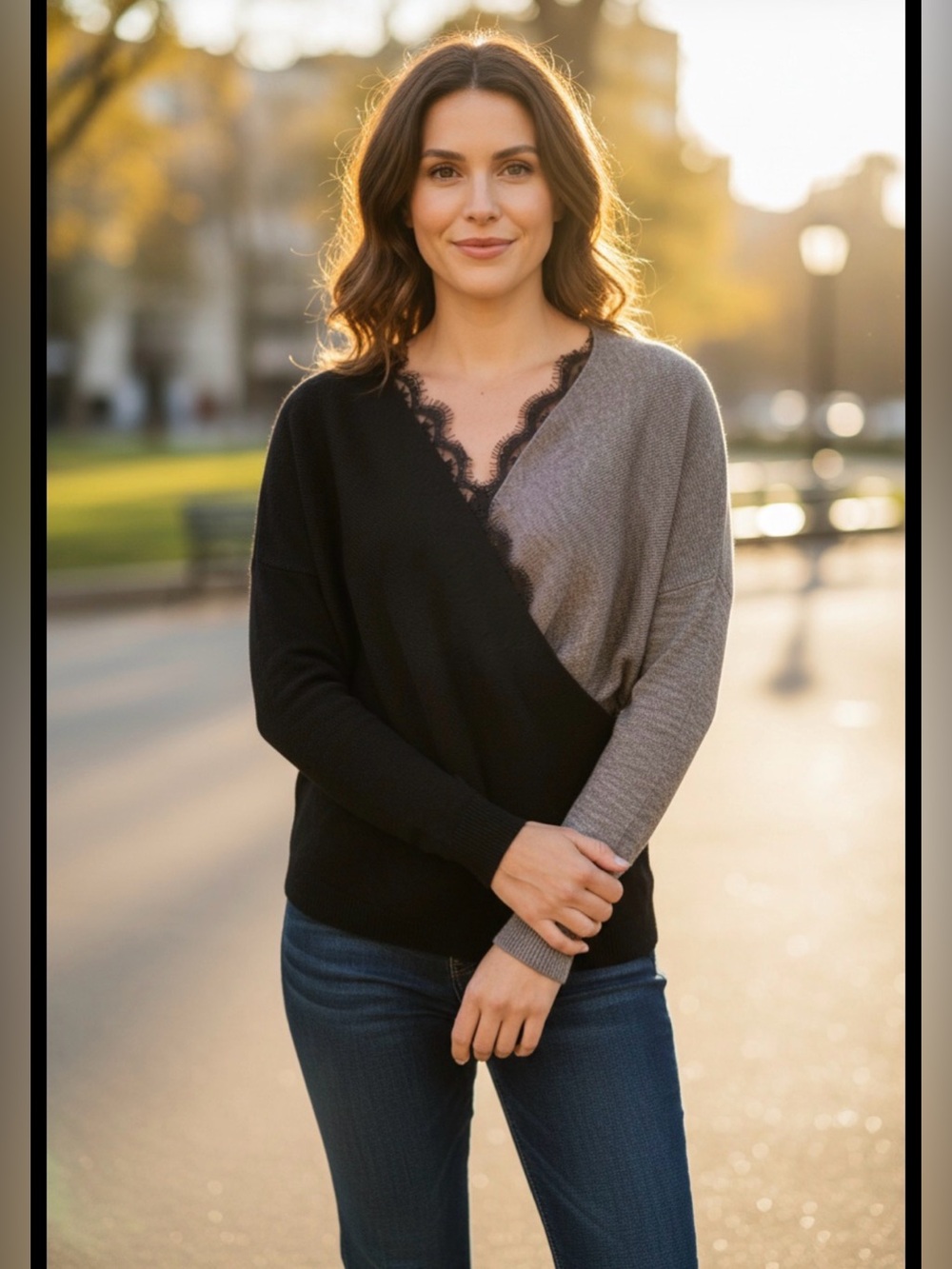 Women's Large Asymmetrical Wrap‎ Sweater with Lace Trim, Color Block Pullover